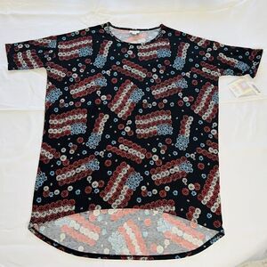 Lularoe Irma Tunic Shirt M Colorful Patriotic Americana Floral US Flags NWT 0716